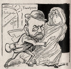 Dreyfusin tapaus - Emile Zolalla on oikeutta: tule kanssani, rahastonhoitajani, täällä emme enää halua kuulla meitä - Piirustus julkaistiin itävaltalaisessa sanomalehdessä "Der Floh" vuonna 1898 (jäljennetty Le Riressä tekijältä Unknown artist