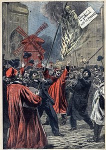 Dreyfusin tapaus - Pariisi - 1898: antisemiittien ilmentymä Montmartressa. Martin Dreyfusin, Alfredin veljen, kuva on bruleena aukiolla, ja hänen kaulassaan roikkuu kyltti: "Dreyfusilla on hirsipuu. Eläköön Ranska!" Kuvitus "" Le Pelerin" -kirjassa, J tekijältä Unknown artist