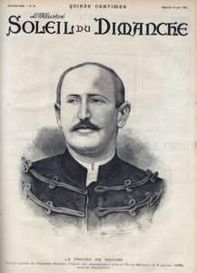 Dreyfusin tapaus: muotokuva Alfred Dreyfusista (1859-1935) hänen rappionsa jälkeen Rennesin oikeudenkäynnissä. Kaiverrus kirjassa "" Le sun-du-dimanche", 13. elokuuta tekijältä Unknown artist