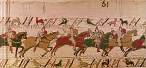Duke William kehottaa joukkojaan valmistautumaan viisaasti miesten tavoin taisteluun Englannin armeijaa vastaan, Bayeux Tapestry (villakirjonta pellavalle) tekijältä Unknown artist