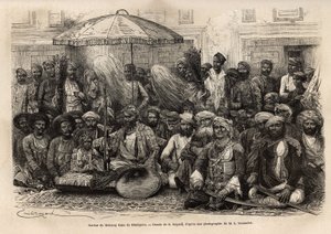 Durbar (ruhtinasvaltion feodaalinen ja oikeudellinen neuvosto) Maharaja Ranassa, Dholeporen valtakunnassa (Rajasthan). Kaiverrus l