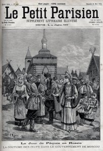 Pääsiäispäivä Venäjällä: munien tapa Moskovan hallituksessa. Asukkaat tarjoavat punaisia munia Kristuksen ylösnousemuksen kunniaksi. Kaiverrus kirjassa "" Le Parisien"" tekijältä Unknown artist
