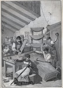 Ebenisterie: leimalakkauspaja. Kaiverrus vuodelta 1885 kirjassa "Les arts et metiers illustres", kirjoittanut Adolphe BITARD. tekijältä Unknown artist