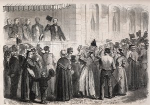 Keisari Napoleon III (1808-1873) Strauss a Vichyn huvilan terassilla, maaseudun ihmiset tervehtivät sunnuntaina 7. heinäkuuta 1861 - Kaiverrus "" The Illustrous World"" tekijältä Unknown artist