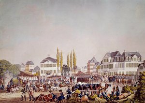 Keisari Napoleon I (1769-1821) arvioi joukkoja Frankfurtissa. Kaiverrus vuodelta 1813. Frankfurt, Historiallinen museo tekijältä Unknown artist