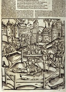 Eneide de Virgil (70 eKr.-19 eKr.), Kirja XII, Troijan sankarit Enee tappaa Turnus-taistelussa latinalaisten ja rutuleen silmien alla. Ksylografia Sebastian Brant (1458-1521). Strasbourg tekijältä Unknown artist