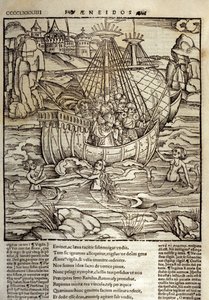 Eneide de Virgil (70 eKr.-19 eKr.), Troijan sankari Enee ja hänen toverinsa ylittävät meren, joka on täynnä sireeniä. Ksylografia Sebastian Brant (1458-1521). Strasbourg tekijältä Unknown artist