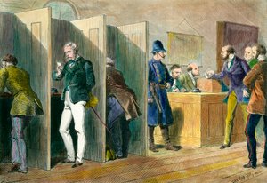 Englannin demokratia: Englannin vaalien aikana äänestyspaikalla, jossa on edustettuna äänestyskopit. Kaiverrus 1800-luvulta. Coll. Ulos. tekijältä Unknown artist