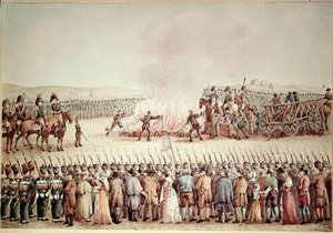 Englantilaisia tavaroita murskattiin Napoleon I Bonaparten käskystä mannersaarron aikana vuonna 1806. Ensimmäisessä imperiumissa mannersaarto on nimitys Napoleonin politiikalle tuhota Yhdistynyt kuningaskunta estämällä sitä käymästä kauppaa maan kanssa. tekijältä Unknown artist