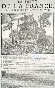 Kaiverrettu puu. Mazarinaden poliittinen pamfletti: "" Ranskan pelastus, Pariisin kaupungin käsivarsilla"" A - Ranskan hyvä nero, joka kuluttaa majesteettinsa (Louis XIII) kuninkaalliseen laivastossaan, B - Prinssi de Conty, C - Duc de Bouillon ja de la Mo tekijältä Unknown artist