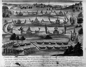 Ranskan suurlähettiläiden pääsy Siam-joelle - "" Voyages du kingdom de Siam, historique de 1688"". tekijältä Unknown artist
