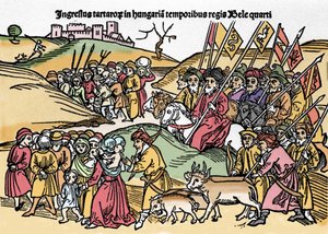 Tataarien saapuminen Unkariin Bela IV:n (1235-1270) vallan alla. Kaiverrus kirjasta "Chronica Hungariae". Biblioteca Marciana, Venetsia. tekijältä Unknown artist