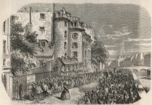 Poliisiprefektuurin sisääntulo rue de Jerusalemin varrella Quai des Orfevresin kulmassa Pariisissa 1800-luvulla ennen vuotta 1871 - Edmond Texierin kaiverrus Tableau-de-Parisissa 1852. tekijältä Unknown artist