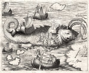Episode of the Legend of Saint Brandan (Brendan): 6. vuosisadan irlantilaisen luostarin fantastinen matka etsimään maallista paratiisia. Painos vuodelta 1621. tekijältä Unknown artist