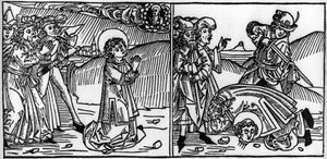 Jakso Pyhän Donatin elämästä (kuoli noin 355) Kaiverrus "Leben der Heiligen - sommerteil" (Pyhän kirja), jonka on kirjoittanut Jacobus (James) Voraginesta (1228-1298). Lyypekki 1488. tekijältä Unknown artist