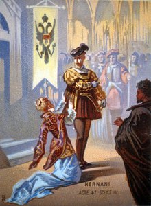 Ernani de Giuseppe Verdi, näytös IV, kohtaus IV. kromolitografia 1800-luvulla. tekijältä Unknown artist