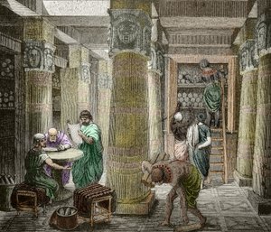Erudiitti Aleksandrian kirjastossa, tuhottu 642, Egypti) (Näkymä Aleksandrian kirjastosta, Egypti) 1800-luku (kaiverrus) tekijältä Unknown artist