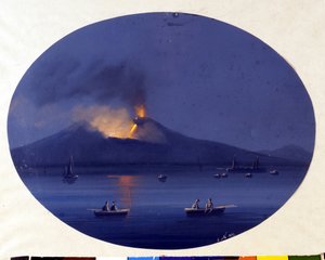 Etnan yöpurkaus Catanian edustalla merestä nähtynä. Anonyymi maalaus 1800-luvulta. tekijältä Unknown artist