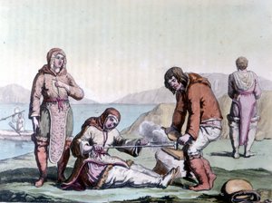 Eskimot sytyttävät tulen hieromalla puupalasia. tekijältä Unknown artist