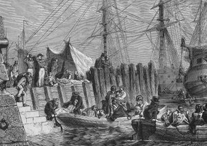 Englantilaiset evakuoivat Flesringen vuonna 1802: sairaiden laivaus - teoksessa "Histoire de France", kirjoittaja Henri Martin, sd. 1800-luvulla. tekijältä Unknown artist