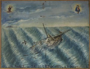 Ex-voto (ex voto) merimies, suosittu tarjous panttina omistautumisesta ja kiitollisuudesta merimiehelle, joka selviytyy meren vaaroista, jotka tulevat Carmine kirkosta, Torre del Grecosta, lähellä Napolia, 29.03.1894 Italia tekijältä Unknown artist