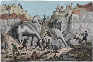Paul-Emile (Paul Emile) Botta, Ranskan konsuli Ninivessä, suoritti kaivaukset Khorsabadin (Khunsabadin), entisen Assyrian pääkaupungin Mosulin pohjoispuolella, paikalla. Irak. Kaiverrus 1800-luvulta. tekijältä Unknown artist