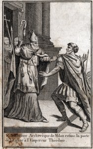 Ekskommunikaatio: Milanon Pyhän Ambroseuksen kaari (Aurelius Ambrosius, Ambrogio di Milano (340-397) kieltää kirkon oven Rooman keisarilta Theodosius I:ltä (Flavius Theodosius) (347-395) rangaistakseen häntä Thessalonikin verilöylystä 390. Kaiverrus sisään tekijältä Unknown artist