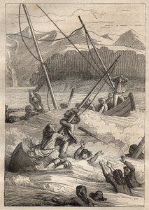 Jean Francois Galaup de La Perousen (1741-1788) retkikunta maailman ympäri (1785-1788): veneiden haaksirikko Ranskan satamassa (Alaska) - kuva otettu teoksesta "1700-luvun suuret merenkulkijat" tekijältä Unknown artist