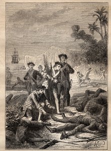 Jean Francois de Survilllen (1717-1770) retkikunta Etelämerellä (1769-1770): Survillen merimiehet keräävät taistelussa kuolleiden alkuperäiskansojen aseita (Uusi-Irlanti, Papua-Uusi-Guinea) - kuva otettu kohteesta " Suuret merimiehet tekijältä Unknown artist