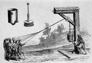 Kokemus, jonka saksalainen tiedemies Otto von Guericke suoritti prinssi Auerbergin läsnä ollessa pneumaattisella tyhjiöllä ilmakehän paineen laskemiseksi vuonna 1654. Levy otettu Ottonis de Guerickesta: Experimenta Nova Magdeburgica de vacuo spatio, O. tekijältä Unknown artist