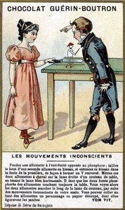 Kahden lapsen kokemus tulitikuista ja veitsestä. Suklaapakkausten kromolitografia Guérin Boutron. tekijältä Unknown artist