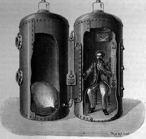Fysiologi Paul Bertin (1833-1886) kokemus barometrisesta paineesta: suroksigeenisen ilman hengittäminen, laajenee painetta alentamalla. Kaiverrus "" La Nature: revue des sciences et de leurs applications aux arts et a l