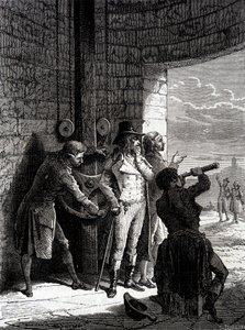 Kokeilu Chappe-lennättimestä 12. heinäkuuta 1793 Ménilmontantista Saint-Martin-du-Tertreen konventin komissaarien edessä - Louis Figuierin teoksessa "Teollisuuden ihmeet" tekijältä Unknown artist