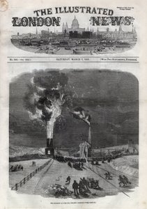 Räjähdys Lund Hillin hiilikaivoksessa (Lundhill) Barnsleyssä, Englannissa. Sanomalehti. Kaiverrus "" The Illustrated London News" -julkaisuun 7. maaliskuuta tekijältä Unknown artist