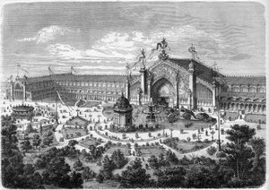 Exposition Universelle de Lyon: galleriat puistosta nähtynä. Kaiverrus "" L