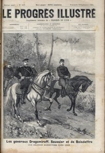 RANSKAN JA VENÄJÄN SUHTEET - Ranskan kenraali Saussier ja venäläinen kenraali Dragomirov Mihail Ivanovich Dragomirov (Michael Ivanovich Dragomiroff) (1830-1905) ja Raoul Francois Charles Le Mouton de Boisdeffre armeijan harjoitusten aikana Vogeesissa, tekijältä Unknown artist