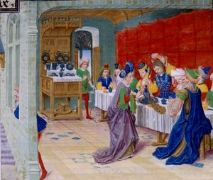 Juhla-ateriakohtaus, riikinkukko tarjoillaan pöydälle. Miniatyyri otettu Callisthenesin tai Kallisthenesin (n. 360-328 eKr.) "La Vraye Histoire du Bon Roy Alixandresta" tekijältä Unknown artist