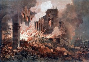Valtiovarainministeriön tulipalo (tuohon aikaan Tuileriesissa) 24. toukokuuta 1871 - litografia, 1800-luvun loppu tekijältä Unknown artist