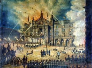 Wienin oopperan Wiener Ringtheaterin tulipalo vuonna 1881. 1800-luvun piirros tekijältä Unknown artist