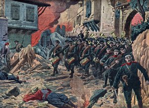 Ensimmäinen Balkanin sota "The Bulgarian Armee triumphant after the Battle of Kirk Kilisse (Lozengrad) on 24/10/1912, Turkey" (Kirk Kilissen taistelu (tai Kirkkilise taistelu) oli osa ensimmäistä Balkanin sotaa Bulgarian armeijoiden ja Osmanien valtakunnan tekijältä Unknown Artist