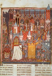 Ensimmäinen ristiretki: Jerusalemin piiritys ja valloitus Godefroy de Bouillonin (1058-1100) johtamilla risteyksillä vuonna 1099. Pienoiskuva elokuvasta Chronicles d