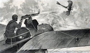 Ensimmäinen maailmansota: "the French aviator Jules Vedrines (1881-1919) aboard his bleriot takes down a German aircraft Taube, 2/09/1914" (Ensimmäinen maailmansota: ranskalainen lentäjä Jules Vedrines Bleriot-lentokoneellaan ampuu alas Tauben konekivääril tekijältä Unknown Artist