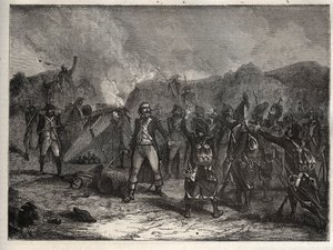 Ensimmäinen liittouma: eversti Antoine Guillaume (Antoine-Guillaume) Rampon (1759-1842) Montenotten taistelussa 12. huhtikuuta 1796 Italian kampanjan aikana vastustaen Napoleon Bonaparten ranskalaisia joukkoja Itävallan ja Sardinian armeijoita vastaan - ra tekijältä Unknown artist