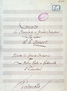 Ensimmäinen sivu nuotit Mozartin konserttiin pianolle ja suurelle orkesterille d-molli, Lichtenthal-versio (1800-luku) tekijältä Unknown artist