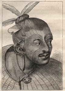 Kapteeni James Cookin (1728-1779) ensimmäinen matka (1768-1771): tatuoitu uuszelandaisin pää (Neo Zelandais) - kuva otettu teoksesta "1700-luvun suuret merimiehet" tekijältä Unknown artist