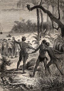 Kapteeni James Cookin (1728-1779) ensimmäinen matka (1768-1771): kun Cook ja kymmenen merimiestä purjehtivat Uuden-Guinean pituuspiirin rannikolla, kolme intiaania nousi metsästä suurilla huudoilla - kuva otettu teoksesta "The Great Mariners of 1700-luku"" tekijältä Unknown artist