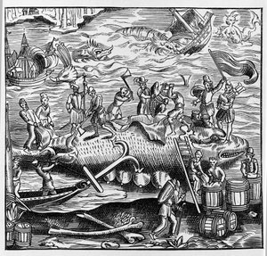 Kalastus ja valaanpyynti, joka perustuu Thevetin "Universal Cosmography" -julkaisun puukaiverrukseen. Pariisi 1575 tekijältä Unknown artist