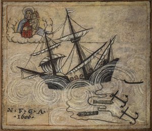 Entinen voto (ex voto) merimies, suosittu tarjous panttina omistautumisesta ja kiitollisuudesta merimiehelle, joka selviytyy meren vaaroista, jotka tulevat Napolin kaaren Siunatun Neitsyen kirkosta (Madonna dell