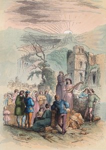 Ranska keskiajalla: Etsi jännittäviä ihmisiä osallistumaan ristiretkeen. Kaiverrus vuodelta 1868 Theodore Justen (1818-1888) teokseen "Histoire de Belgique primitiivistä Leopold I:n hallituskauden loppuun". Yksityinen kokoelma. tekijältä Unknown artist