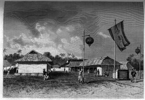 Ranska Indokiinassa: Ranskan sotilasasema Indokiinan pääkaupungin Huen linnoituksen sisällä. Kaiverrus "Le Journal de la jeunesse" tekijältä Unknown artist